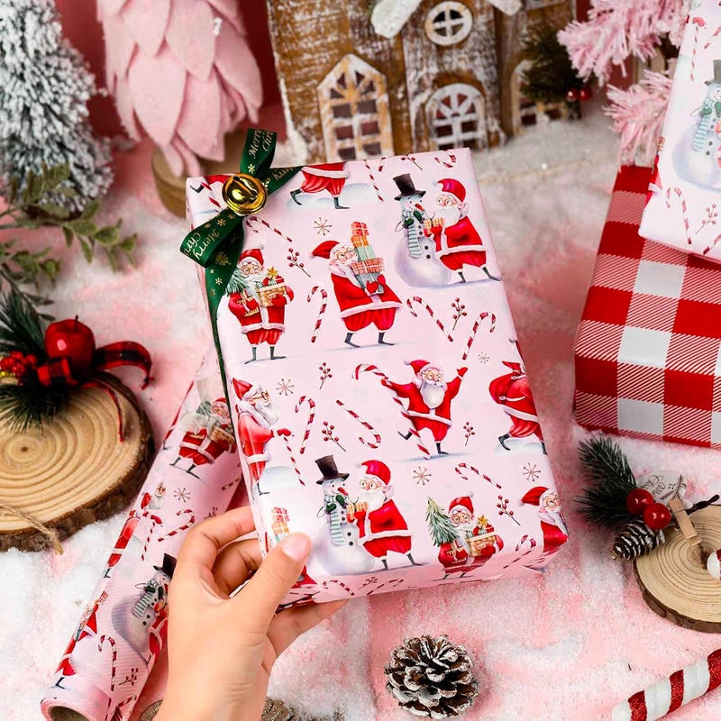 Retrify Santa Claus Christmas Wrapping Paper - Cute Snowman Candy Cane Plaid Pattern Girly Pink Gift Wrap Paper for Holiday Shower Party Celebration - 17 Inch x 32.8 Feet Mini Roll - Image 2